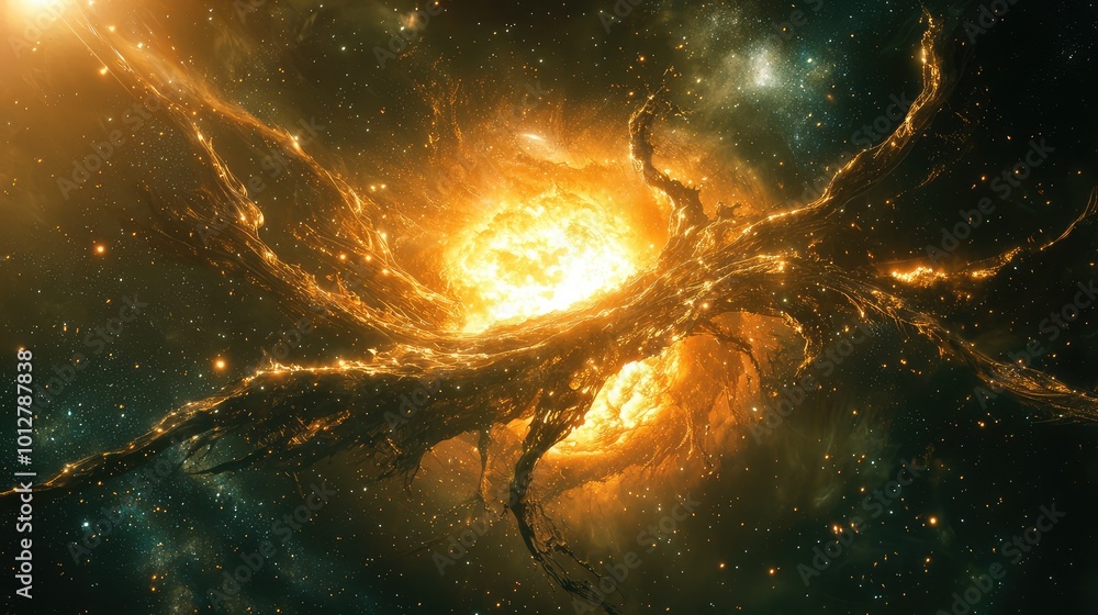 Poster a mesmerizing cosmic explosion, showcasing bright colors and intricate structures, representing the 