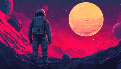 Fototapeta premium A stunning astronaut gazes at a vibrant alien landscape and glowing celestial body, showcasing the beauty of space exploration.