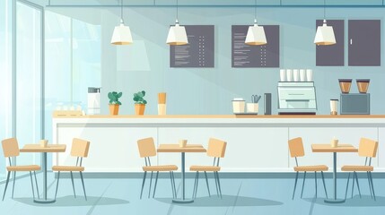 A modern coffee shop interior with wooden tables, bright decor, and a coffee machine, perfect for relaxation and socializing.