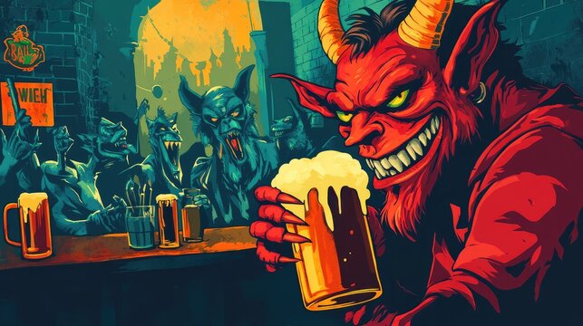 A mischievous devil enjoys a frothy beer in a lively tavern filled with fantastical creatures, blending humor and fantasy art.