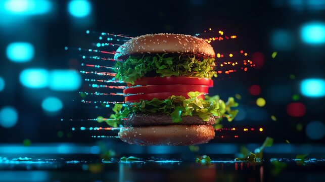 A vibrant, dynamic burger showcasing fresh ingredients, perfect for conveying appetizing food concepts in digital media.