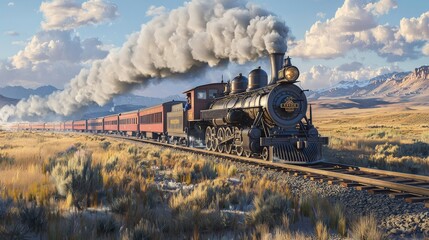 Naklejka premium A historic view of a steam locomotive racing along the Transcontinental Railroad, billowing thick smoke against a backdrop of vast plains and vibrant skies, capturing the speed