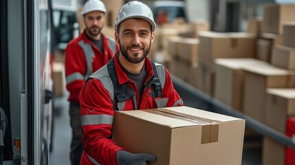 Two movers in work uniform unloading a moving truck with boxes, transport logistic company