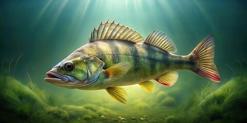 Fototapeta premium Freshwater perch trophy fish swimming in water on green background