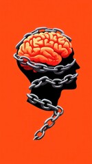 A stylized image of a brain encased in chains against an orange backdrop, symbolizing mental constraints and struggles.