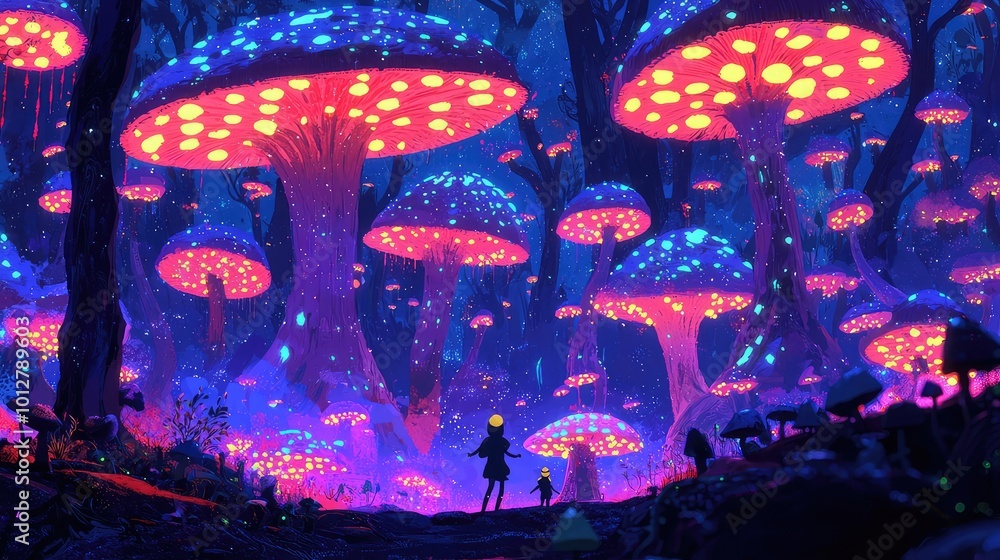 Poster a mystical forest illuminated by glowing mushrooms, creating an enchanting atmosphere filled with vi