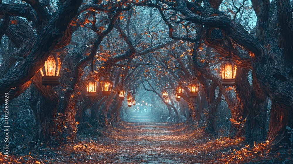 Poster a mystical forest path illuminated by glowing lanterns, surrounded by twisting branches and autumn l