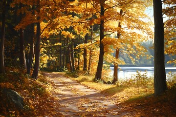 Obraz premium Serene autumn path by a lake surrounded by colorful foliage.
