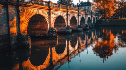 A picturesque bridge reflecting beautifully in calm water, surrounded by autumn foliage and warm golden light.
