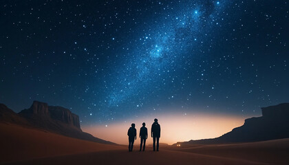 Obraz premium Photograph people in the wilderness at night with the Milky Way or stars above them, focusing on the contrast between the vast sky and human presence