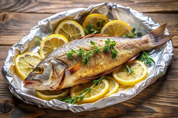 Fried or baked European perch in foil over a river aerial view