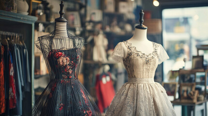 A fashionable wire dress form and an old-fashioned mannequin.