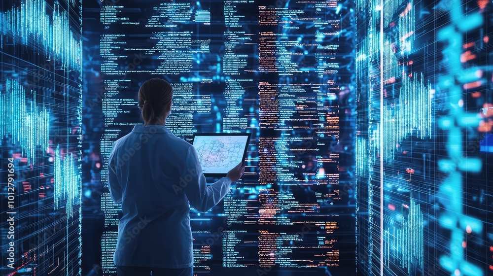 Poster a professional analyzing data on a laptop in a futuristic digital environment filled with vibrant sc