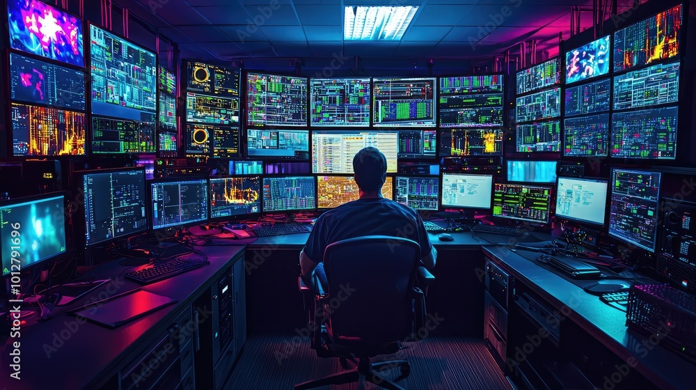 Aufkleber a professional monitoring room with colorful screens displaying data and analytics, highlighting tec