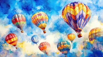 Fototapeta premium Colorful hot air balloons against a blue sky.