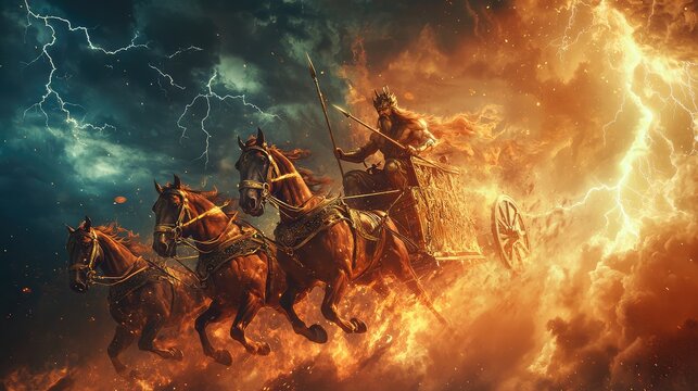 A powerful warrior rides a fiery chariot pulled by horses, surrounded by dramatic lightning and stormy skies.