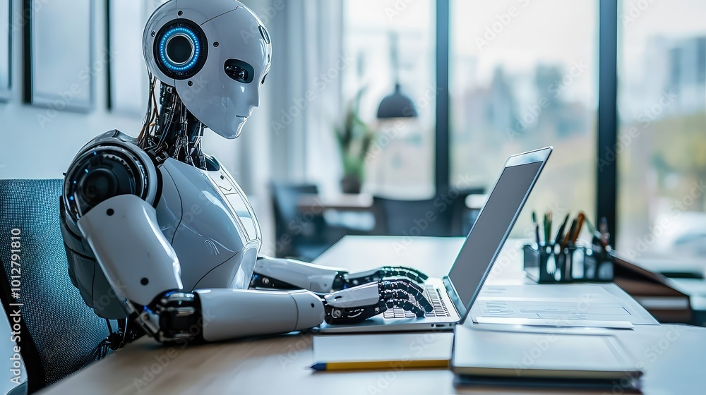 Poster a robot working on a laptop in a modern office setting, showcasing the integration of technology and