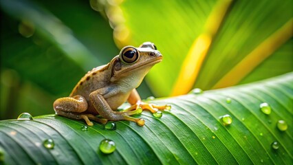 Frog on a forest leaf with dew