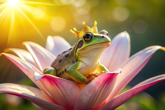 Frog wearing crown sleeping on lily pad in morning sun