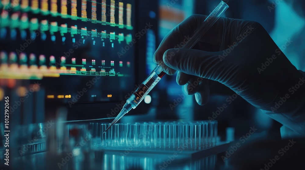 Poster a scientist conducts an experiment using a syringe and advanced technology in a laboratory setting, 
