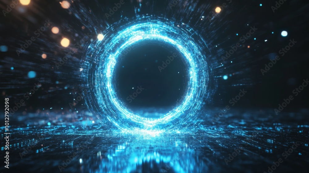 Aufkleber a glowing blue circular structure surrounded by vibrant particles, set against a dark background, cr