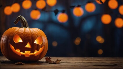 Glowing Halloween jack-o'-lantern on wooden table