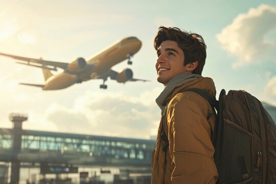A hyper-realistic image of a traveler with a backpack, exiting the airport with a sly smile. In the background, the airplane they arrived on is ascending into the sky