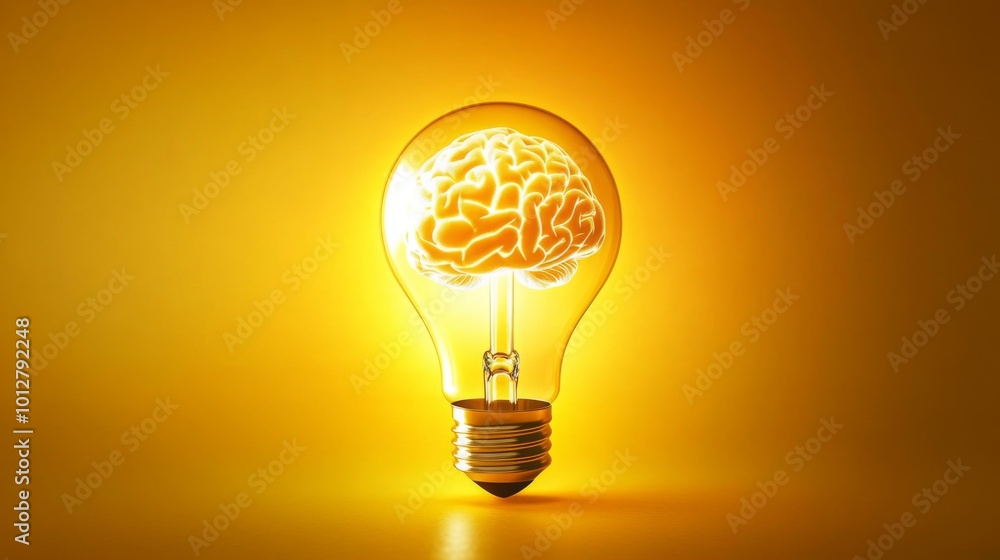 Aufkleber a glowing light bulb containing a brain symbolizes creativity and innovation against a warm yellow b