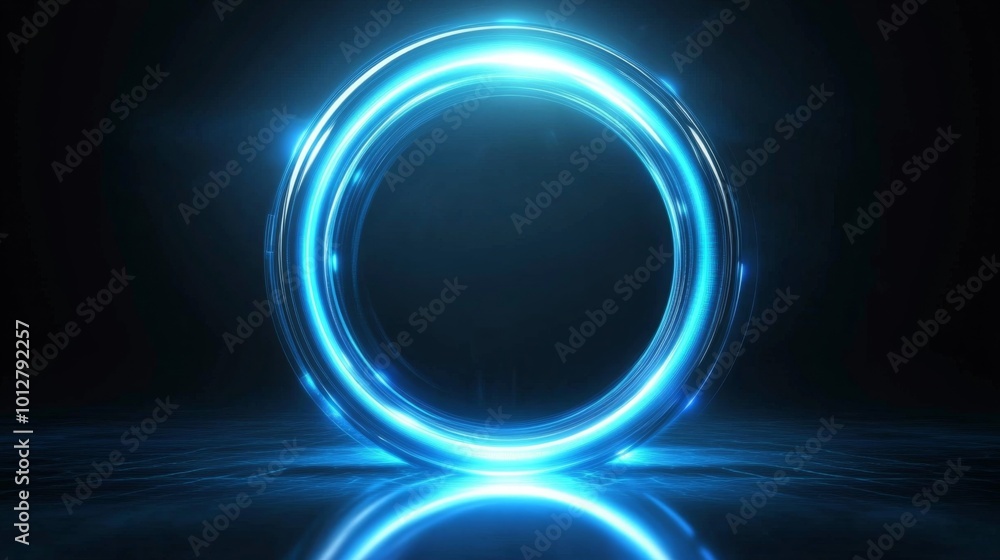 Poster a glowing blue circle against a dark background, creating a futuristic and high-tech atmosphere.
