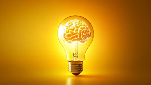 A glowing light bulb containing a brain symbolizes creativity and innovation against a warm yellow background.