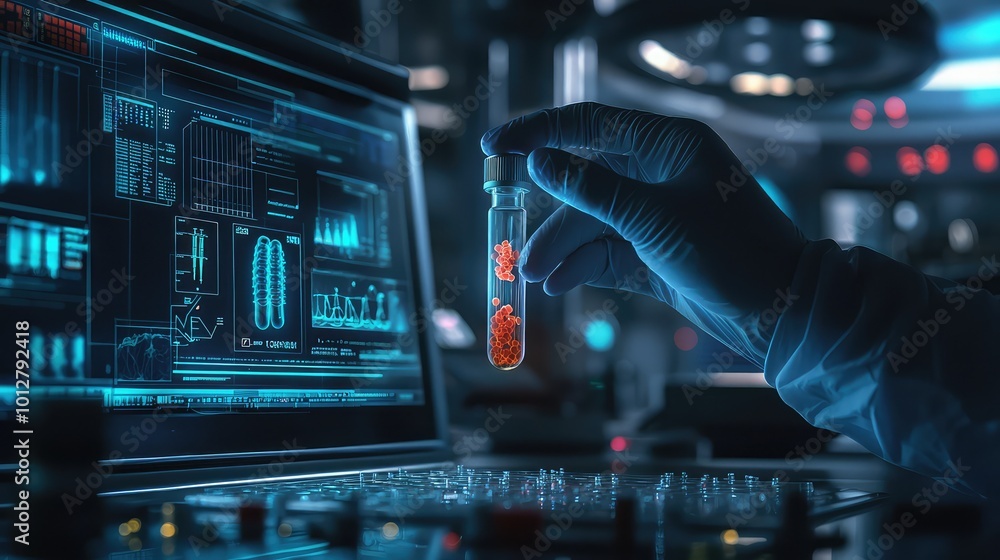 Poster a scientist holds a test tube filled with red liquid, examining data on a futuristic computer screen