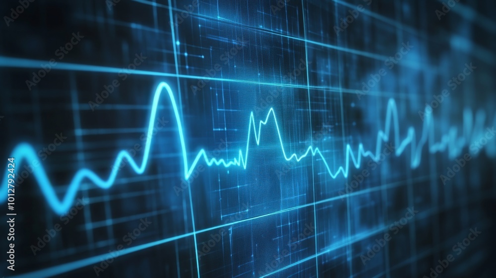 Aufkleber A dynamic blue waveform on a dark background, illustrating digital audio or an electronic signal, showcasing technology and data visualization.