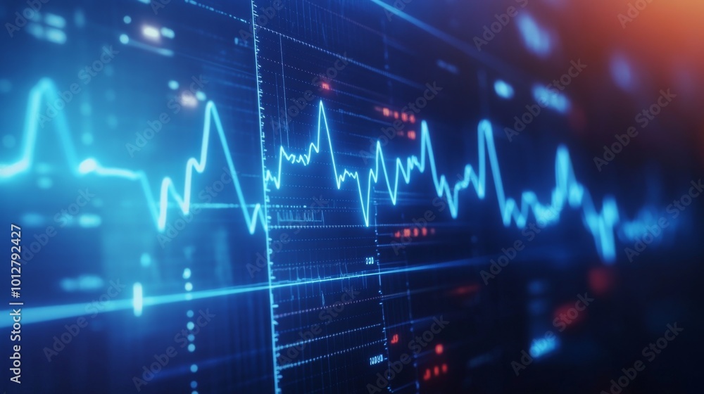 Poster the image features a digital representation of data, showcasing a blue waveform with fluctuations, i