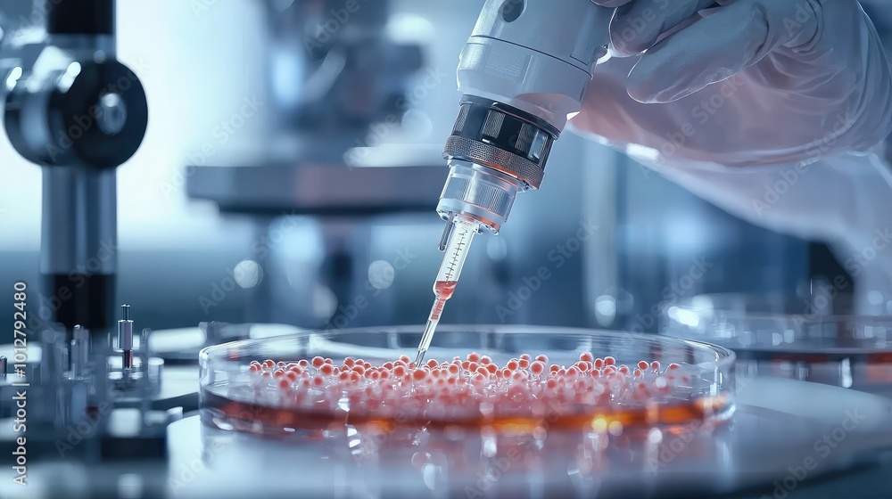 Poster a scientist using a pipette to transfer liquids in a laboratory setting, showcasing precise laborato