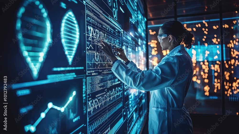 Poster a scientist interacts with digital data displays, showcasing advanced analytics and innovative techn
