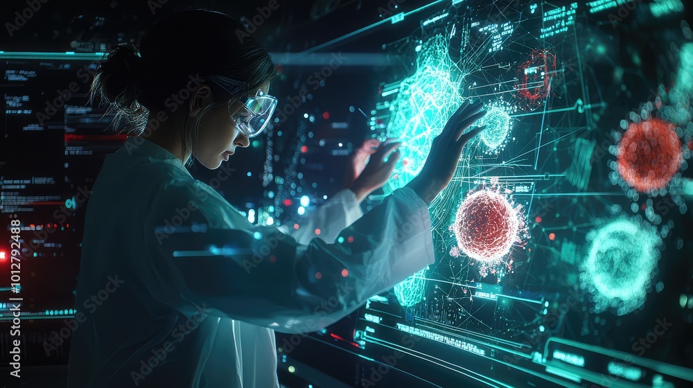 Poster a scientist interacts with a digital display, analyzing and studying microorganisms in a high-tech l