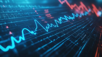 A vibrant, abstract representation of fluctuating data signals, showcasing red and blue waveforms on a dark background.