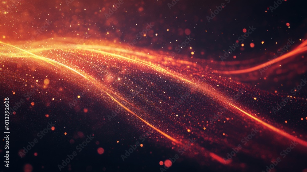 Fototapete An abstract image featuring flowing lines of light in warm colors, creating a dynamic and energetic atmosphere with sparkling particles.