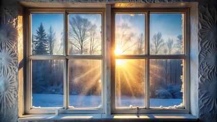 Frost covered window with sunlight passing through it leading lines