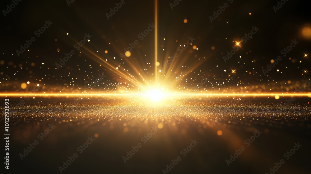 Poster A stunning burst of golden light radiates against a dark background, creating a magical and ethereal atmosphere filled with shimmering particles.