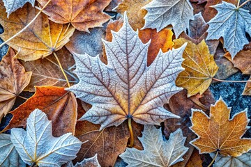 Frost-covered autumn leaves from above view