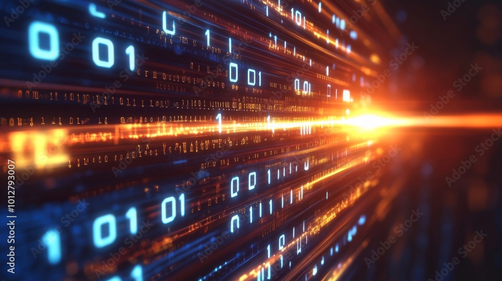 Poster a vibrant digital landscape featuring glowing binary code, representing data flow and advanced techn