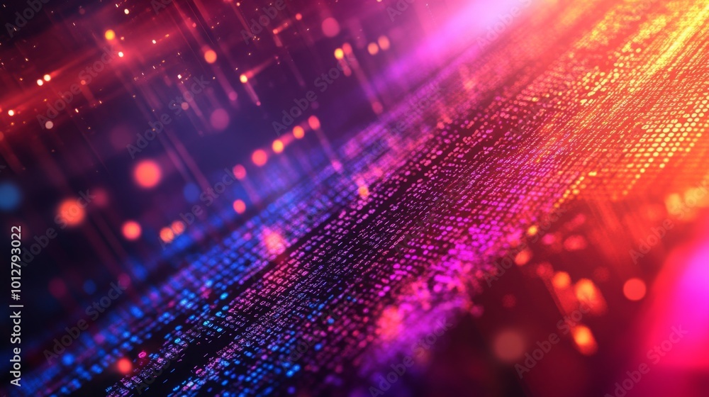 Poster a vibrant digital abstract background with flowing lines and colorful light patterns, evoking a sens