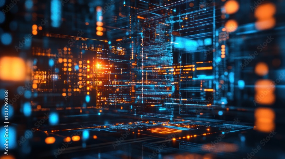 Poster abstract digital landscape with glowing lines and nodes, representing technology and data flow.