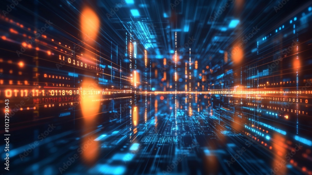 Fototapete A futuristic digital scene with glowing lines and data streams, creating a sense of speed and depth in a technological environment.