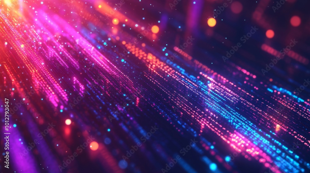 Poster a vibrant digital abstraction of colorful light trails, creating a dynamic sense of movement and dep