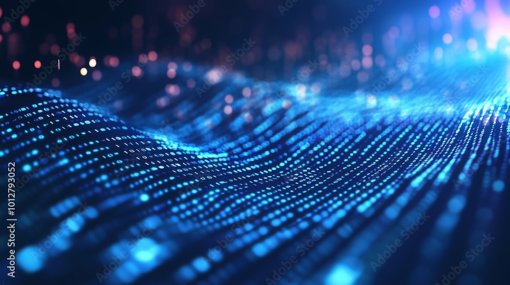 Poster a vibrant visual representation of flowing digital data, showcasing blue and purple tones with illum