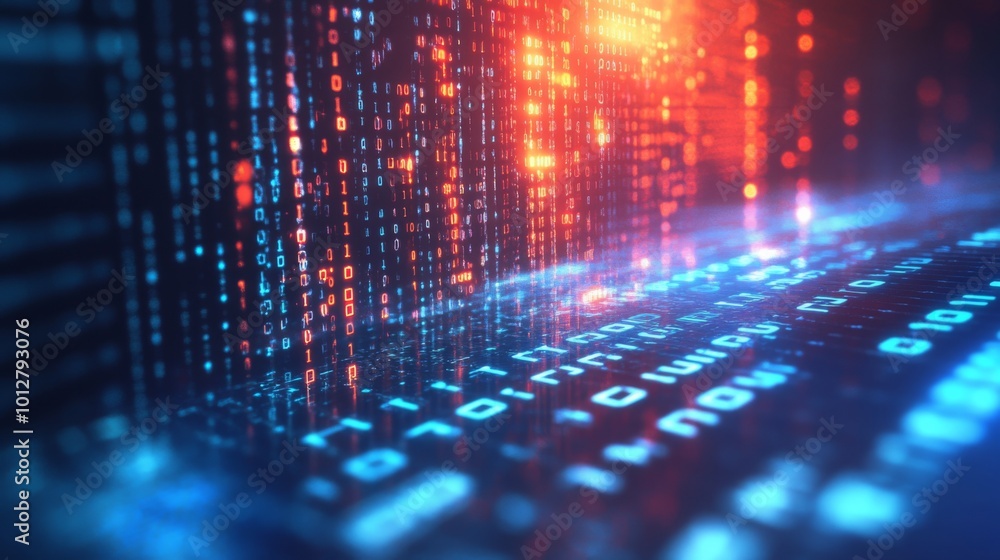 Poster A futuristic digital landscape depicting flowing data streams and binary code illuminated by vibrant blue and red lights.