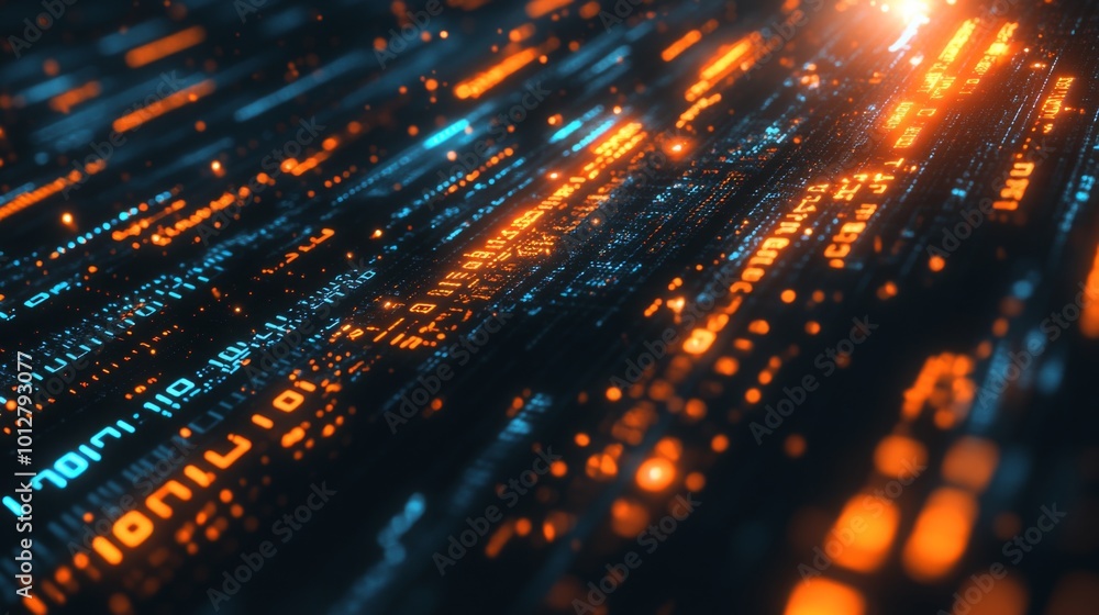 Fototapete a dynamic, futuristic representation of flowing data streams with glowing blue and orange elements, 