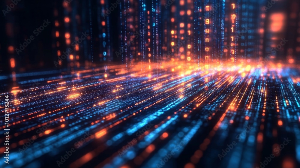 Poster A vibrant digital landscape showcasing streams of luminous data in blue and orange hues, symbolizing advanced technology and connectivity.